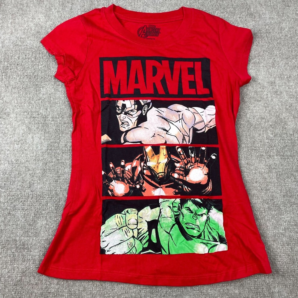 Marvel T Shirt Womens Medium 7-9 Red Captain America Iron Man Hulk Graphic Print